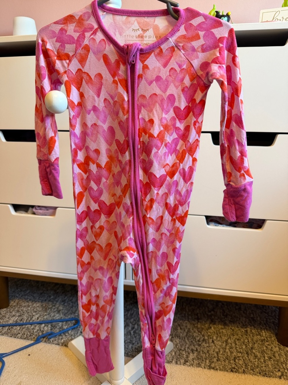 Little Sleepies Pink and Red Heart Zip Toddler Footie
